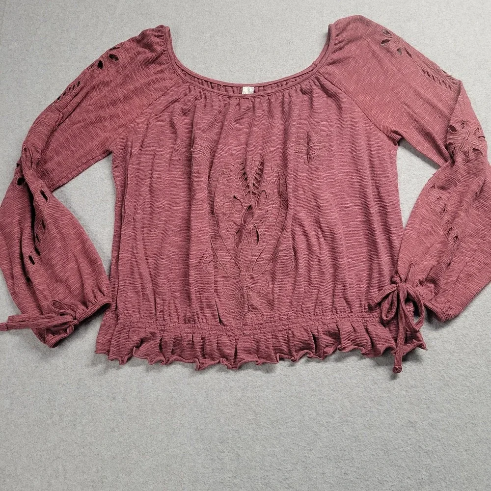 Free People Mauve Eyelet Cut Out Smocked Peplum Top Long Sleeve XS Boho